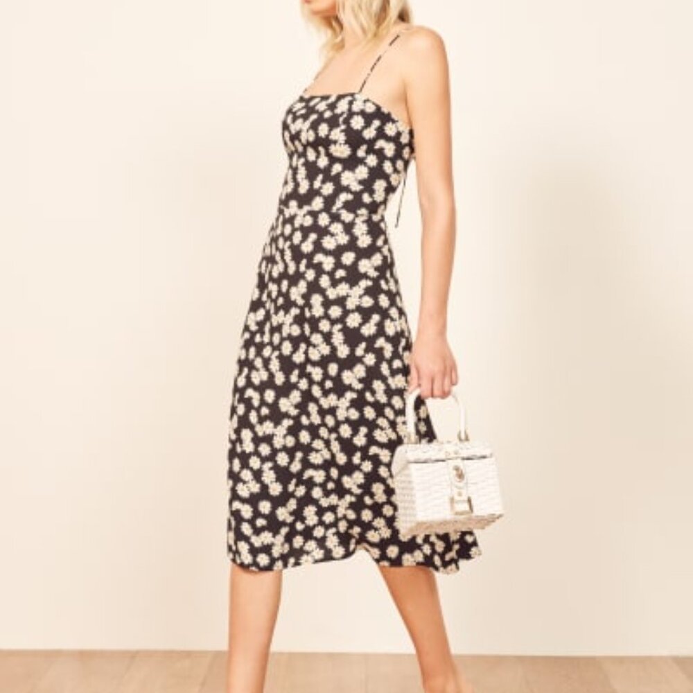 REFORMATION Black White Daisy Floral Print Spaghetti Strap Sundress Midi Dress 0